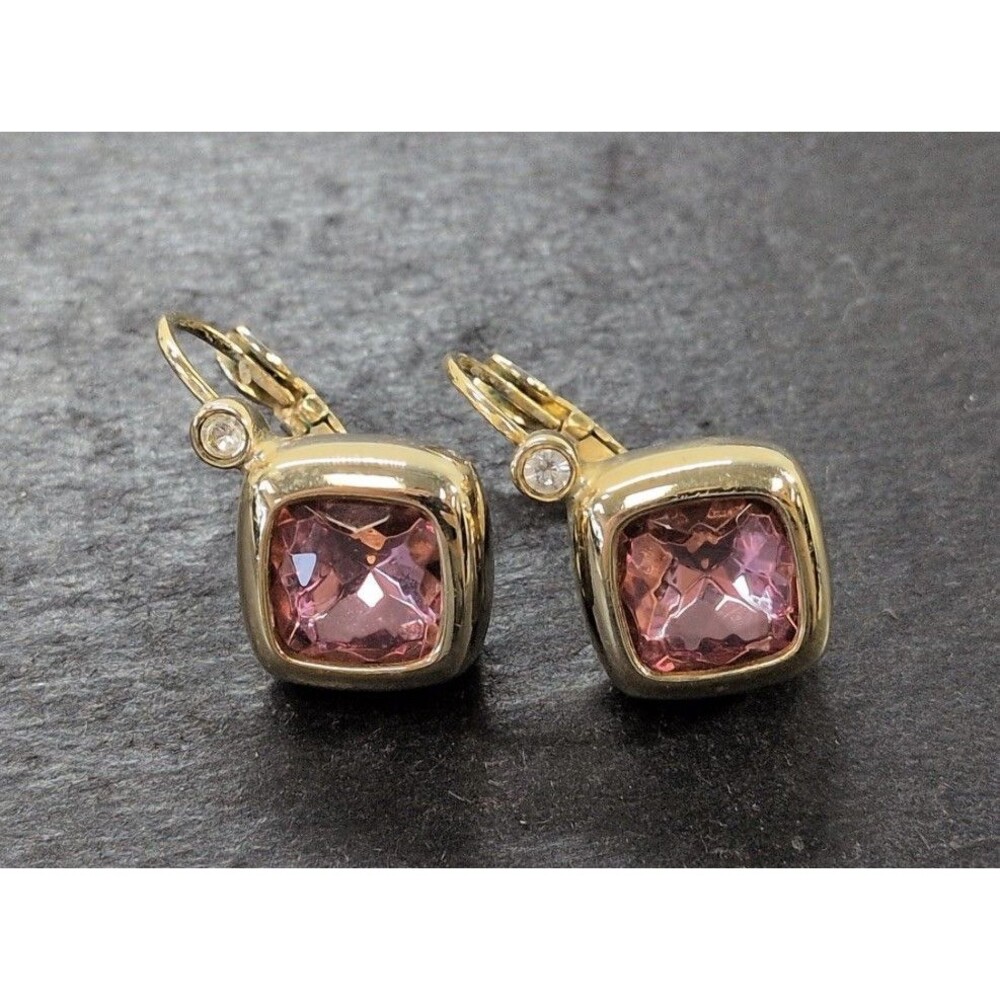 Signed Vintage Joan Rivers Pink Crystal Leverback Drop Earrings Square Gold Tone